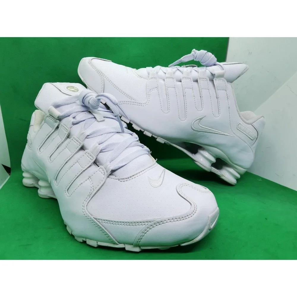 Nike Shox NZ Shoes Mens Sz 10.5 Triple White Leather Athletic Sneaker 378341-128